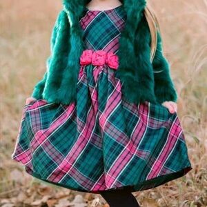 Janie and Jack Vibrant Plaid Formal Holiday Dress with Floral Accent Belt 5 5T
